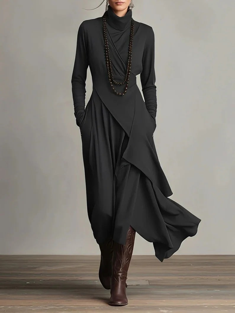 Women's High-Neck Long-Sleeve Wrap Maxi Dress with Pockets - Image 2