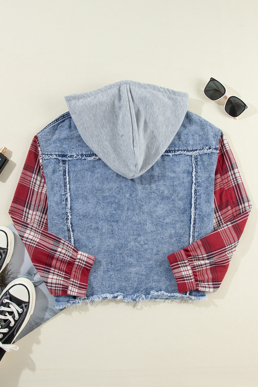 Women's Plaid Denim Hoodie Jacket with Raw Hem Details - Image 6