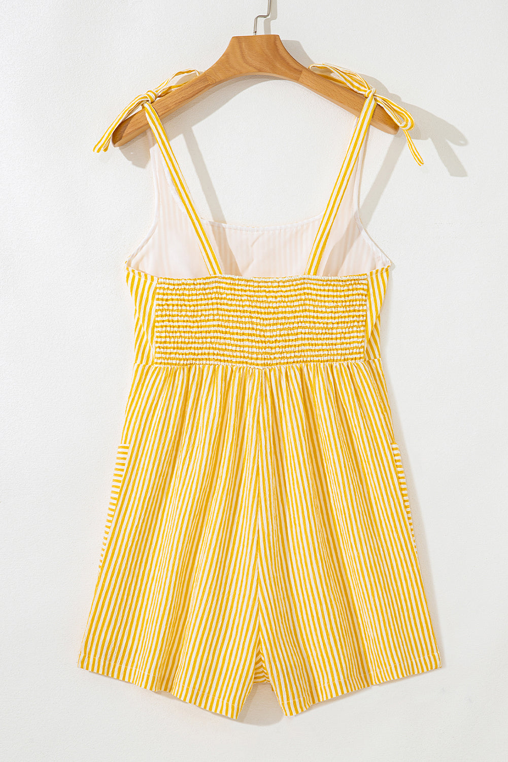 Yellow Stripe Wide Leg Romper with Tie Straps and Smocked Back