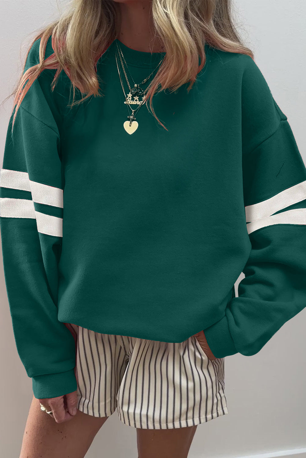 Fiery Red Preppy Striped Sleeve Loose Sweatshirt