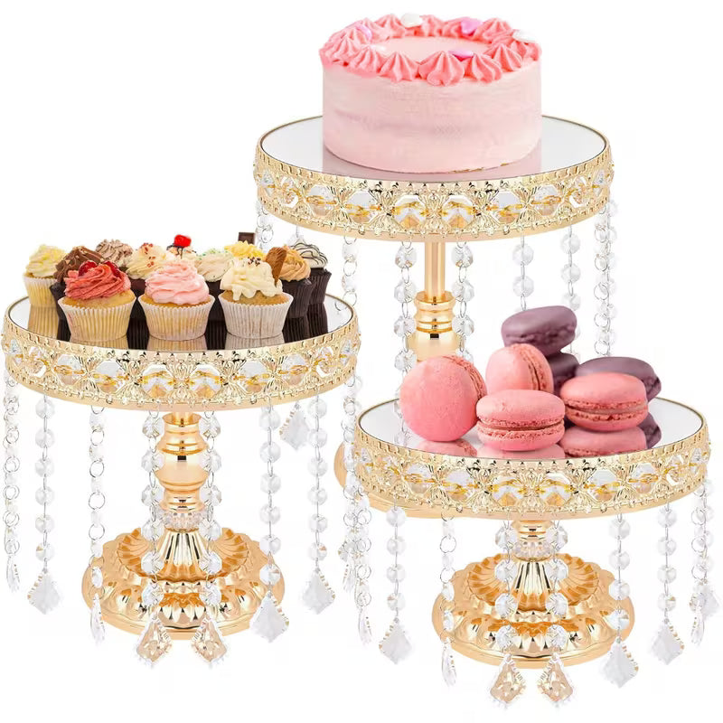 3-Piece Round Metal Cake Stand Set with Crystal Pendants Gold