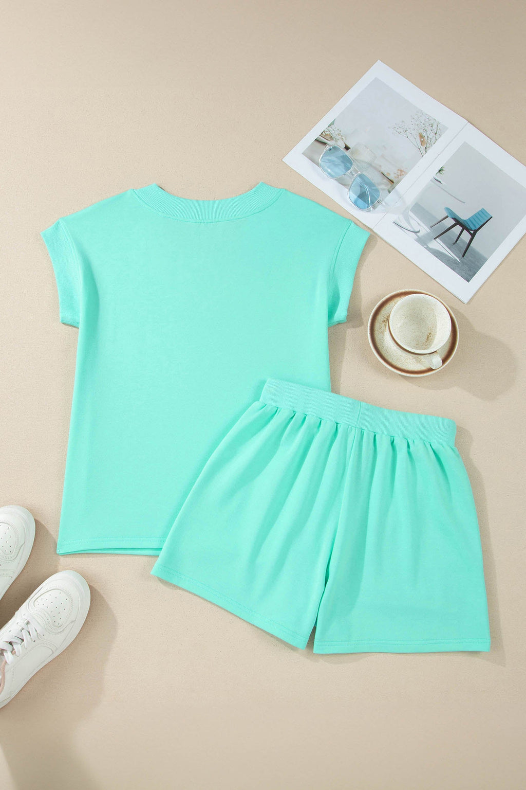 Mint Green V-Neck Top and Drawstring Shorts Lounge Set - Image 3
