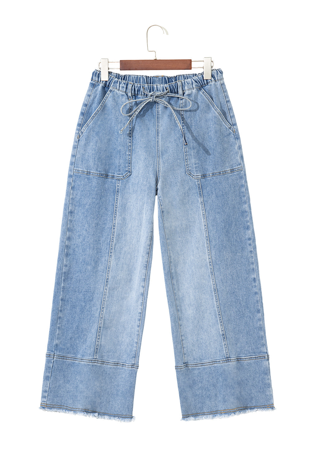 Beau Blue Drawstring Seam Detail Raw Hem Wide Leg Jeans