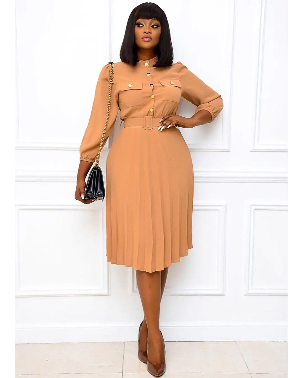 Women's Khaki Midi Dress with Stand Collar