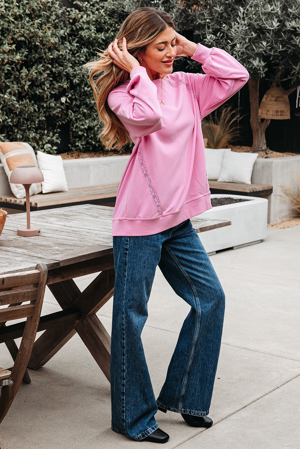 Lilah Lace Patched Raglan Sleeve Loose Fit Sweatshirt