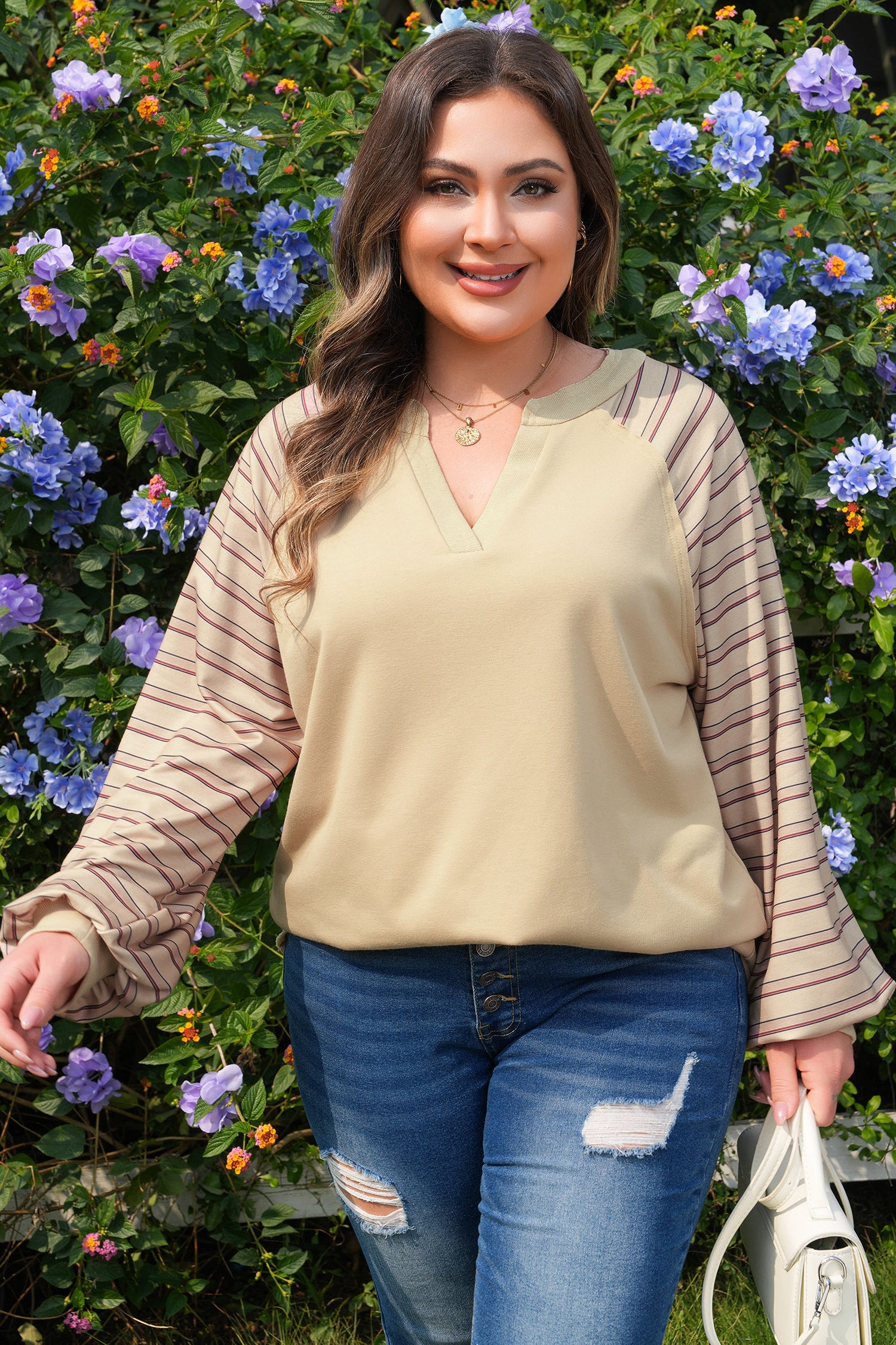 Raglan Stripe Notch-Neck Knit Jumper | Cotton Blend