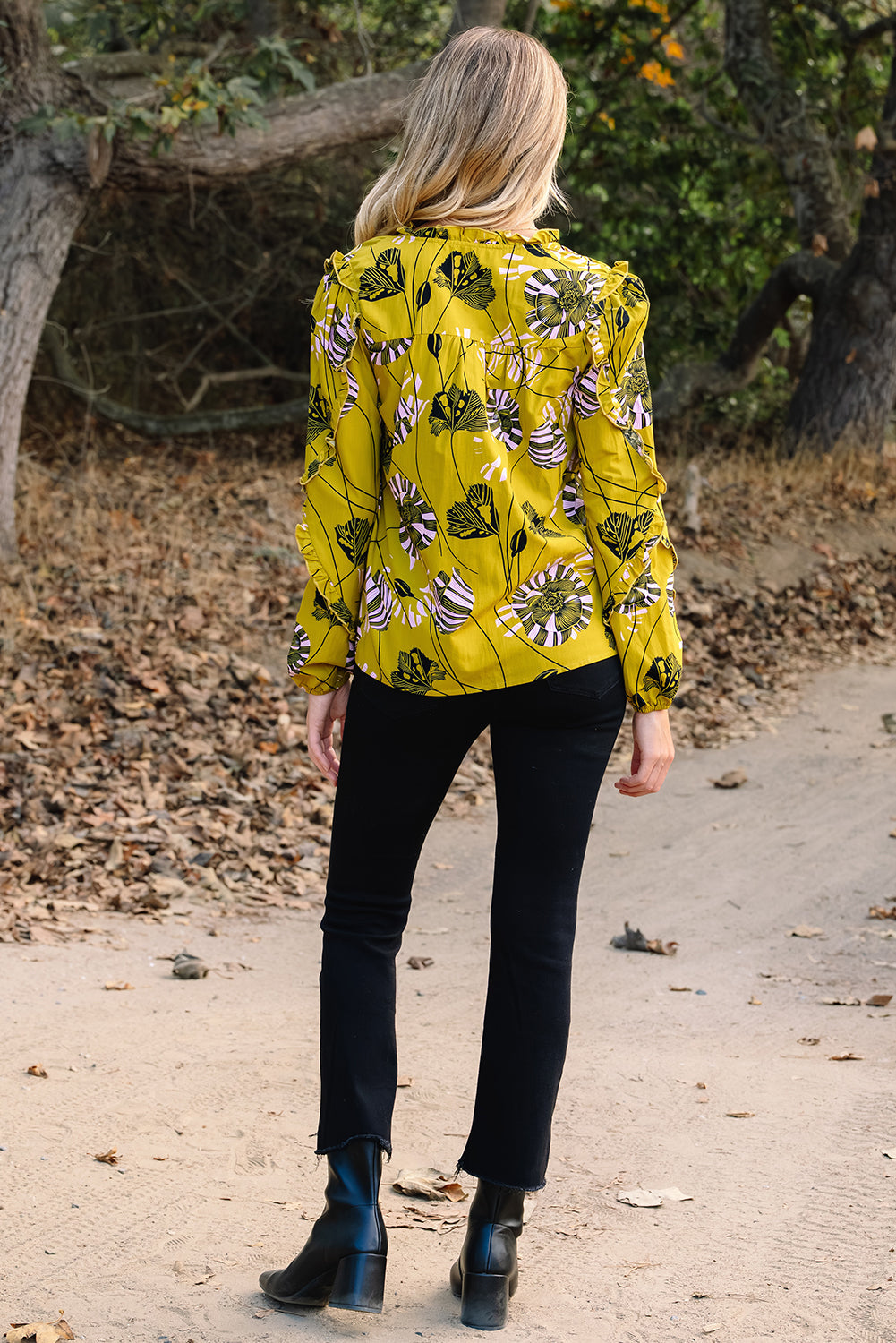 Floral V-Neck Ruffle Trim Long Sleeve Blouse
