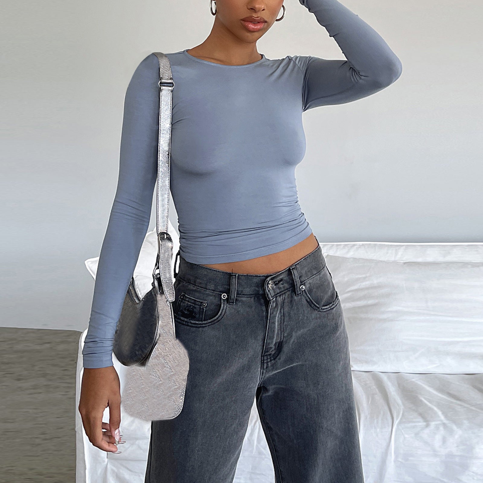 Women's Slim Fit Long Sleeve Crop Top Casual Pullover Shirt - Image 8