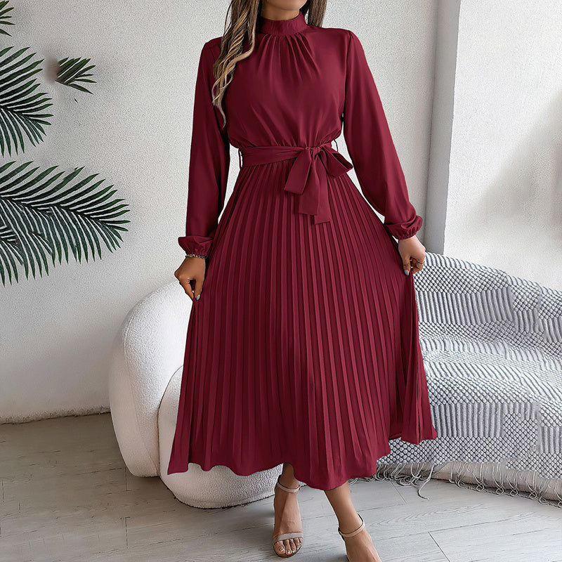 High Neck Pleated Long Sleeve Maxi Dress in Light Blue & Maroon