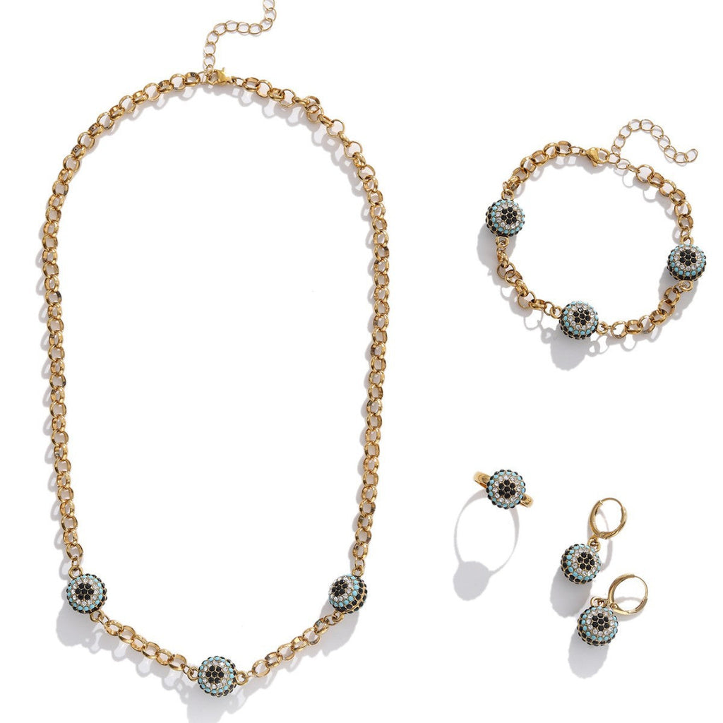 Bohemian Evil Eye Jewelry Set with Gold-Tone Necklace and Bracelet