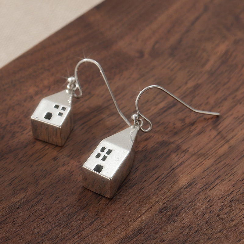 Vintage House Charm Drop Earrings Silver Tone Brass Women Artistic Daily Fashion Jewelry Gift Elegant
