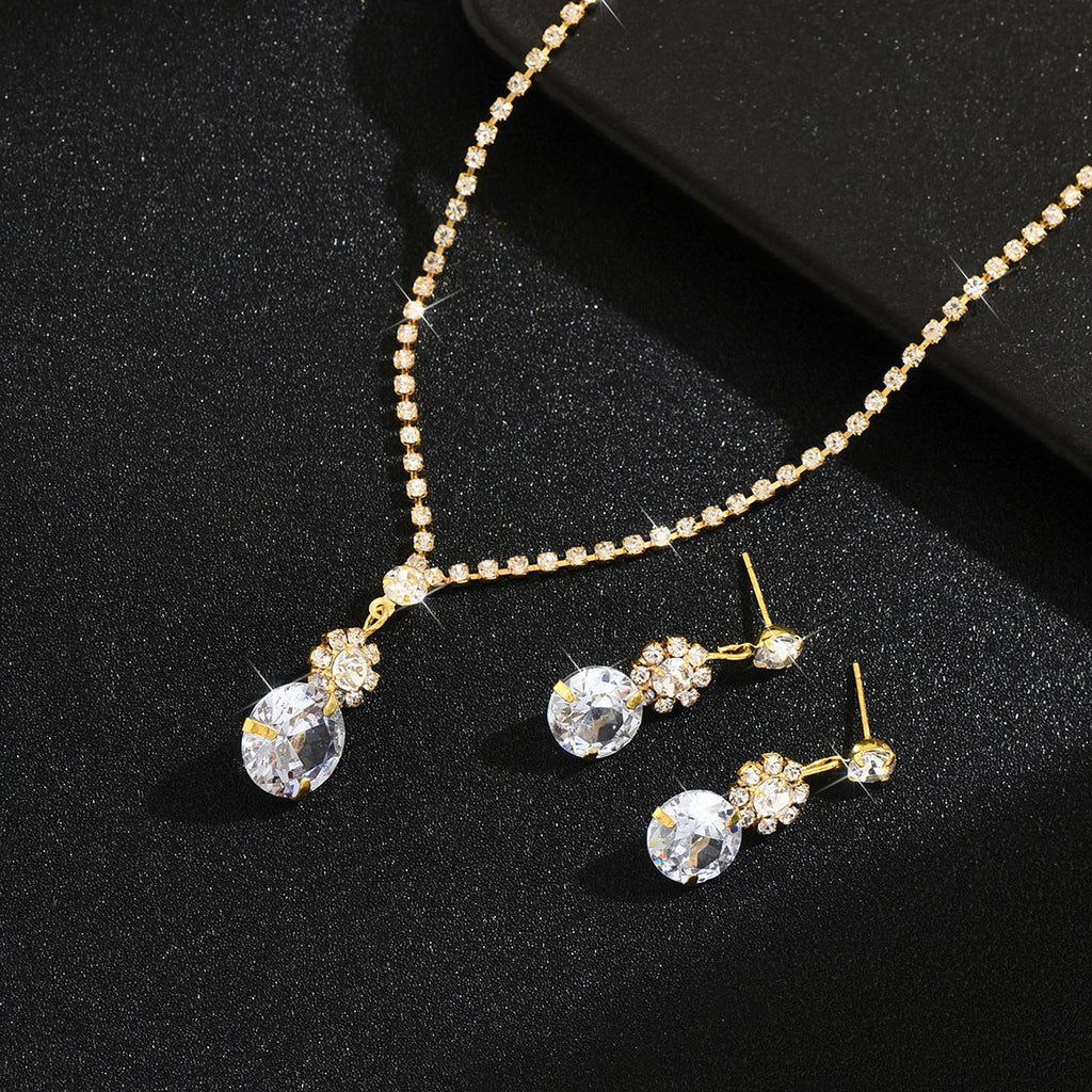 Women 2 Pcs Simple Round Cubic Zirconia Crystal Jewelry Set,Necklace And Earrings,Fashion Accessories For Daily Commute Party Occasion