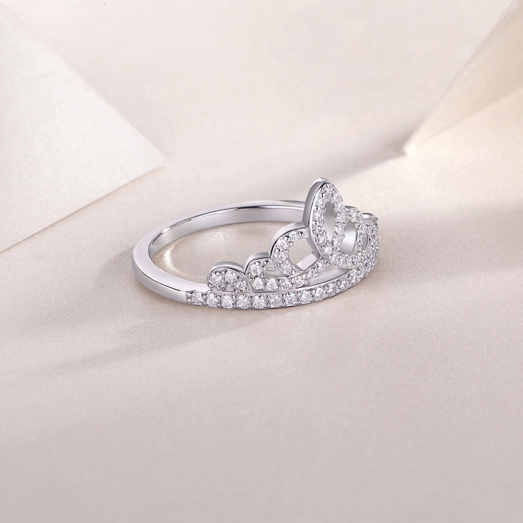 S925 Silver 1.9g Platinum Plated Moissanite Crown Ring, D VVS1 Pave Band, GRA Certified US 5-9