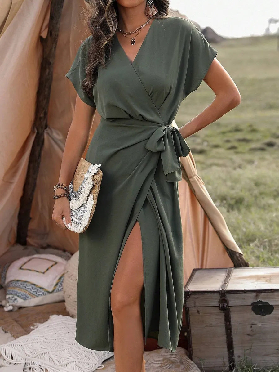 Minimalist Wrap Suspender Dress Asymmetric Hem Commuter Midi
