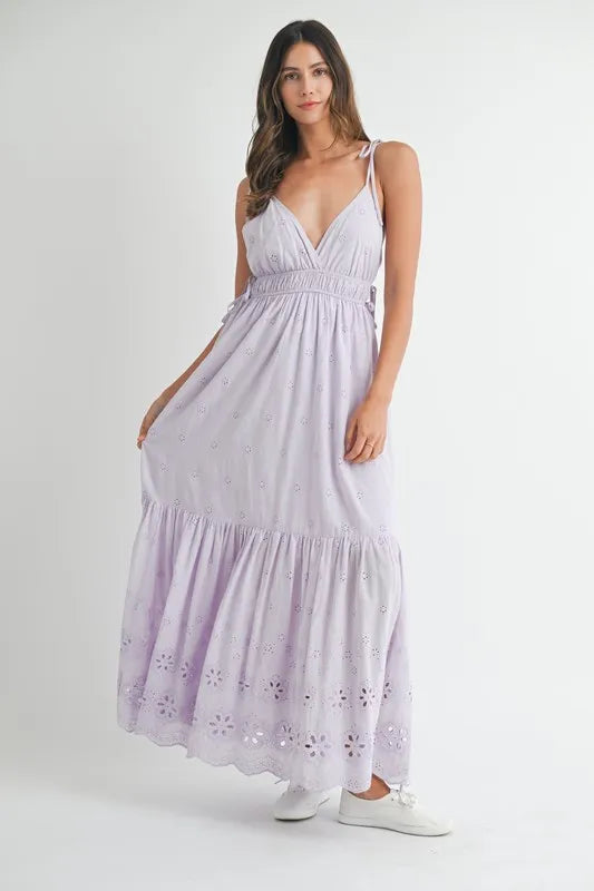 Light-Purple Eyelet Lace Maxi Dress with Modern Side Strap Detail