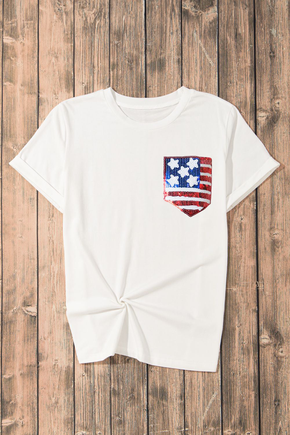Women's White Graphic T-Shirt with Sequin US Flag Pocket Detail - Image 3