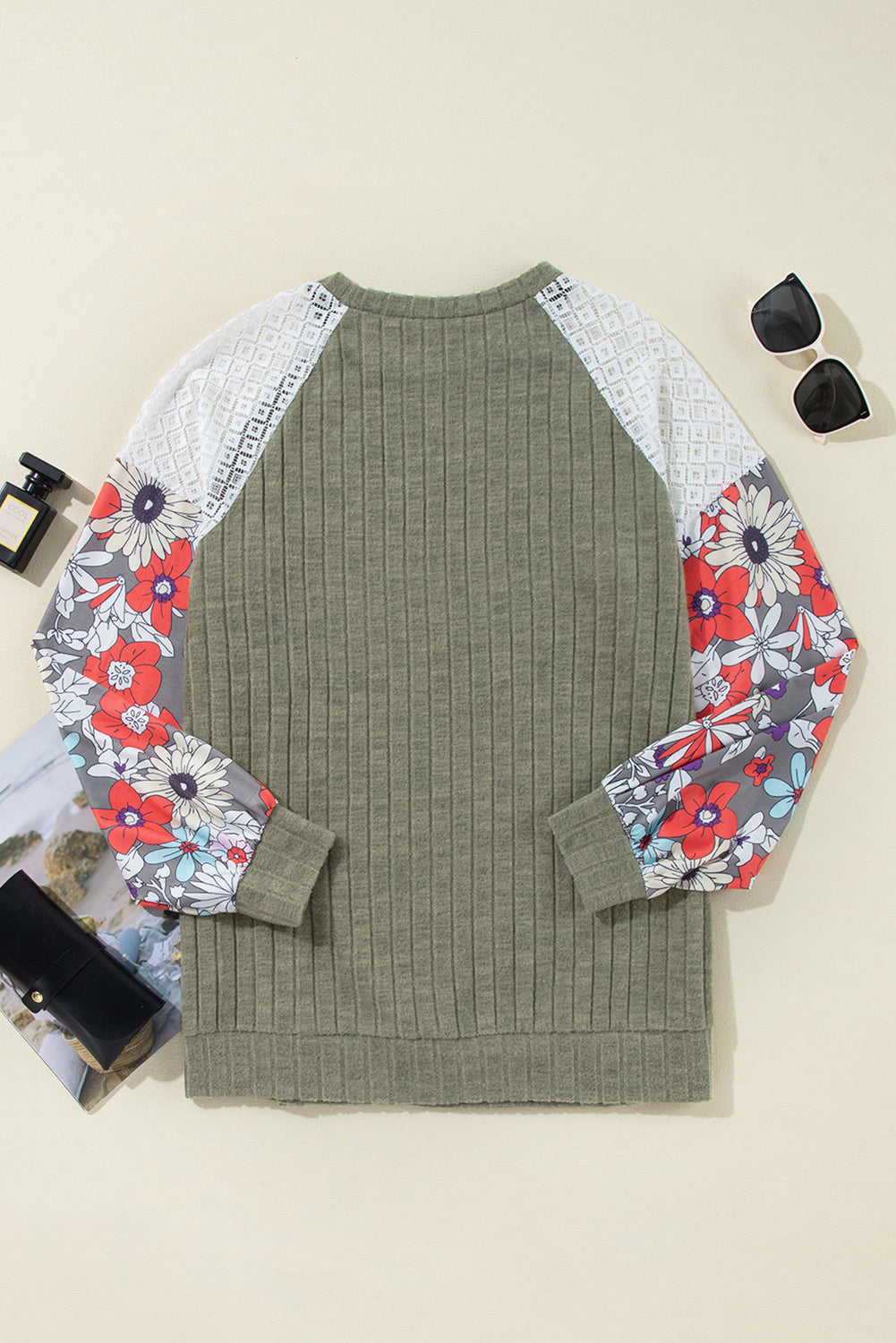 Floral Ribbed Patchwork Long Sleeve Blouse