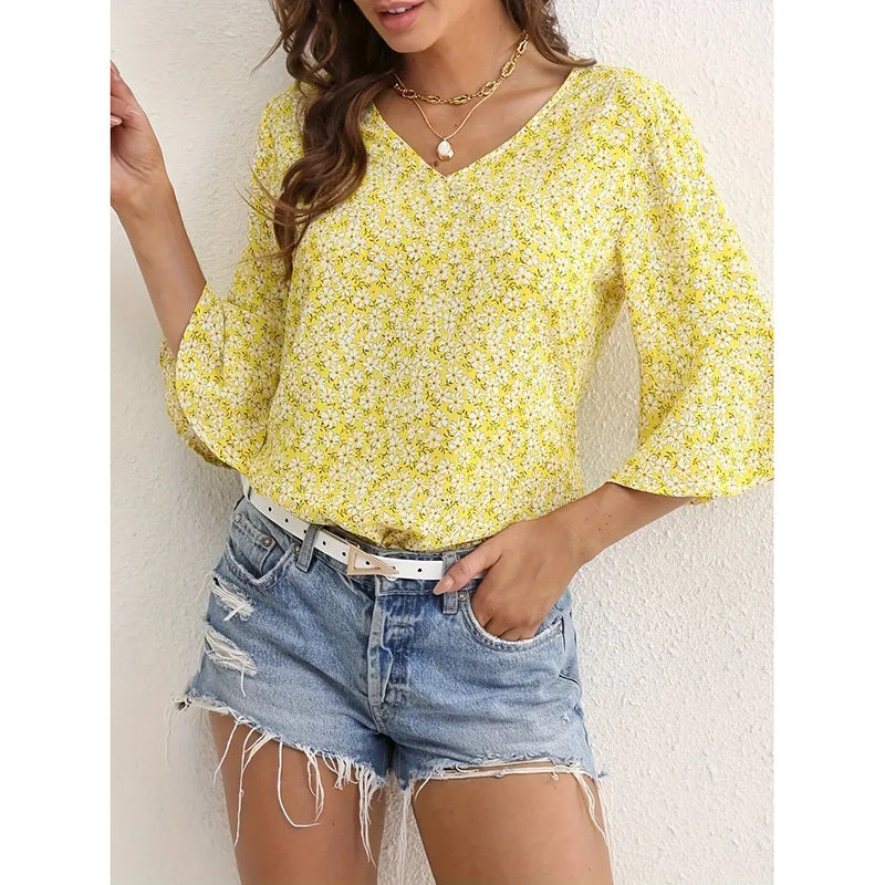 Womens Blue Floral V-Neck Blouse with Flare Sleeves - Image 3