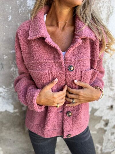 Women's Fuzzy Button-Up Jacket with Drop Shoulder
