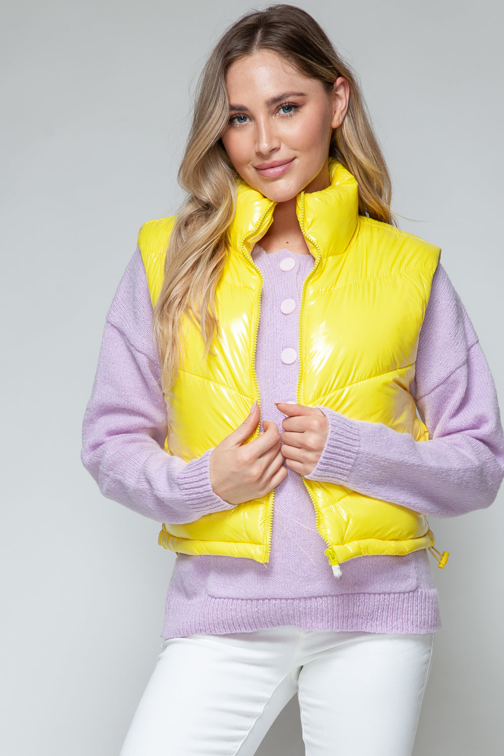 Women's Shiny Yellow Quilted Zip-Up Turtleneck Vest - Image 6