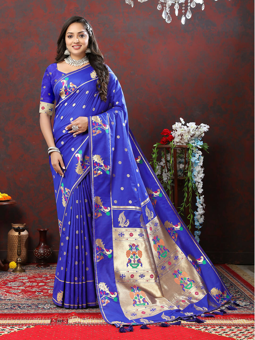 Blue Soft Paithani Silk Saree with Gold Zari Meenakari Weaving