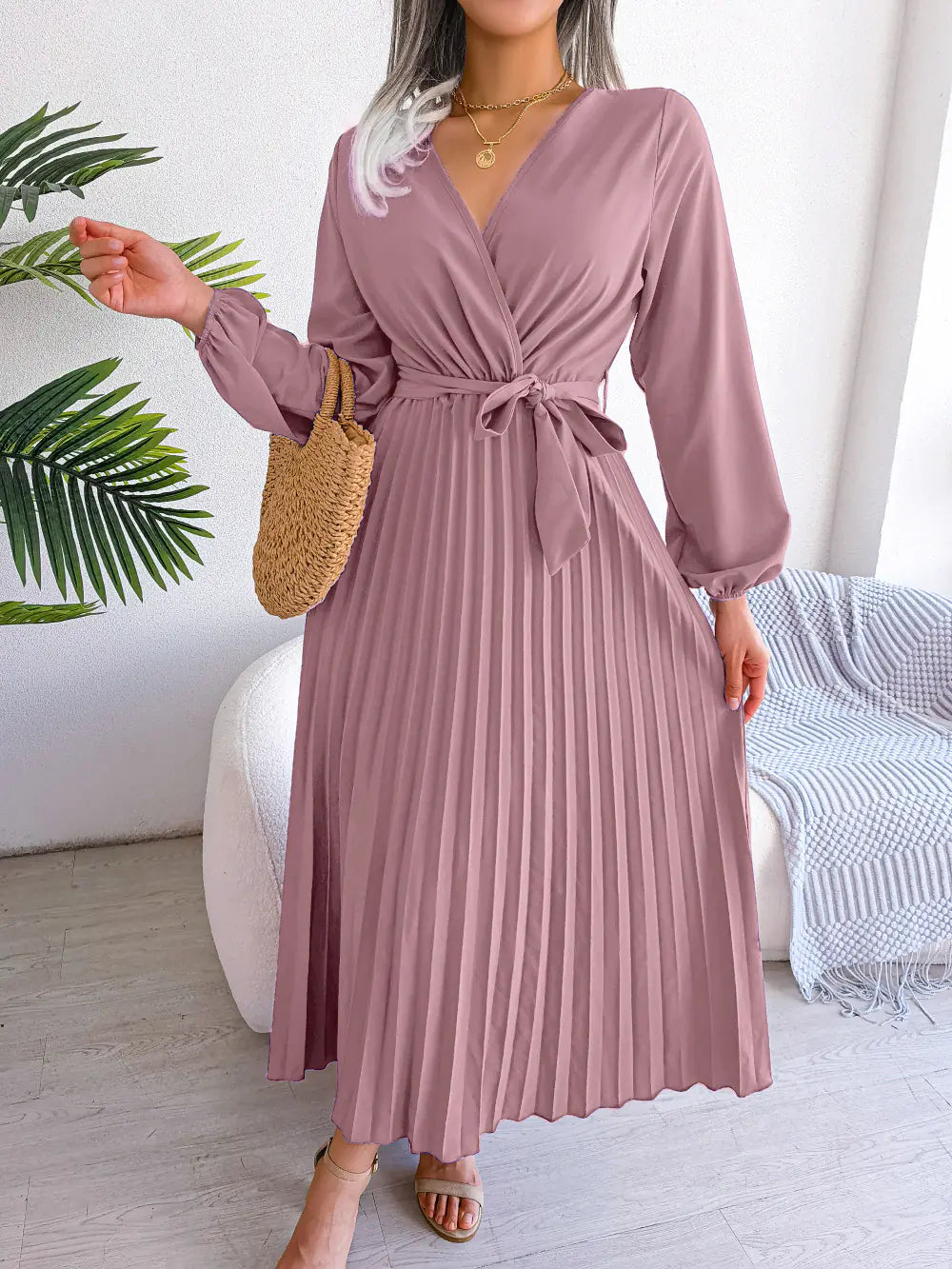 Women's V-Neck Long Sleeve Pleated Maxi Dress with Tie Waist - Image 19