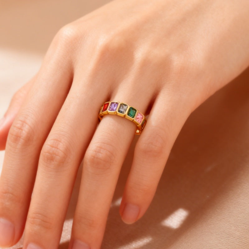 Womens Colorful Square Zircon Inlaid Open-End Ring