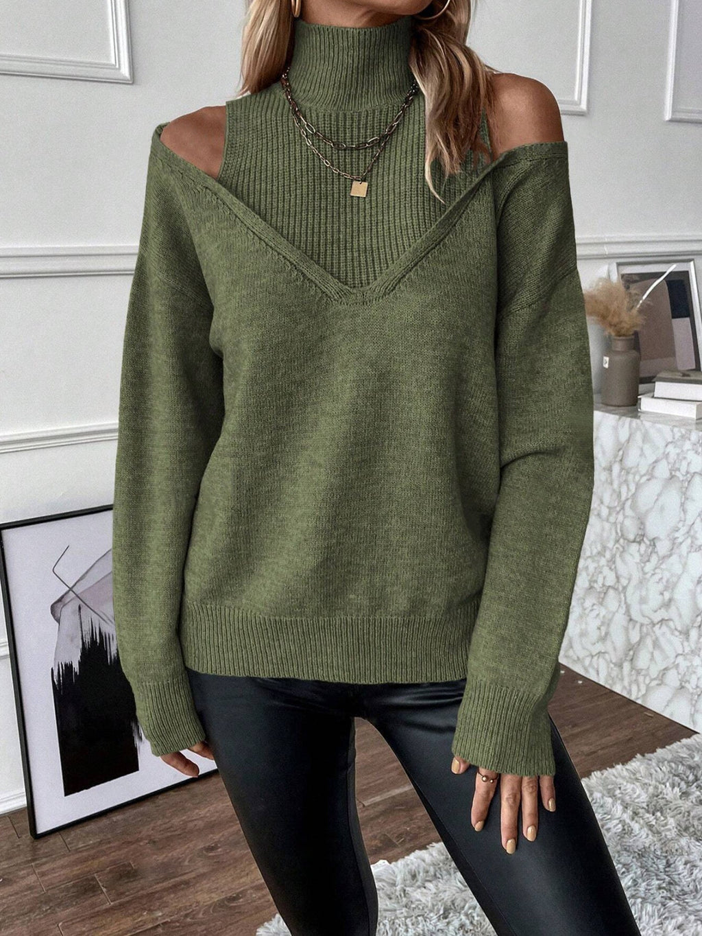 Women's Off-Shoulder Turtleneck Long Sleeve Knit Sweater