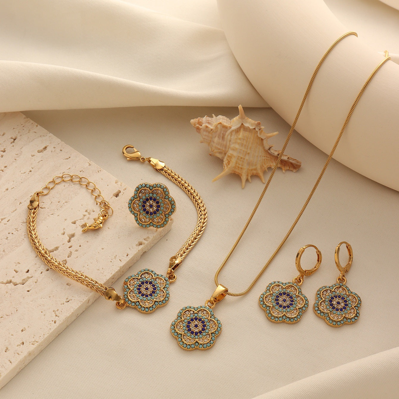 Turkish Evil Eye Flower Jewelry Set with Gold-Tone Enamel Accents