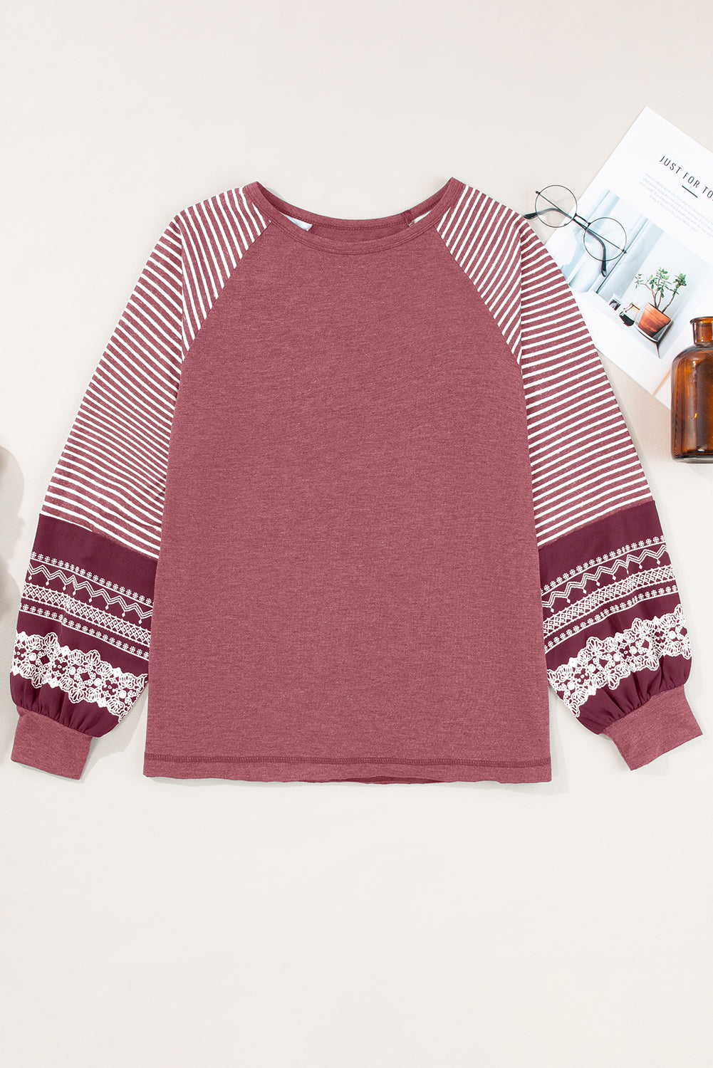 Women Burgundy Striped Raglan Long Sleeve Loose Fit Casual Top