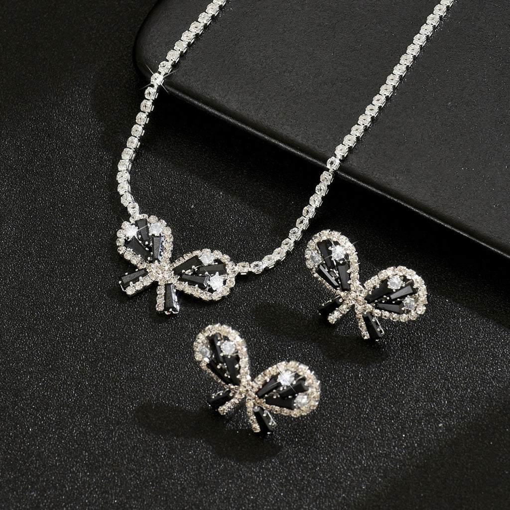 Women Black Butterfly Cubic Zirconia 2 Pcs Jewelry Set,Necklace And Earrings,Fashion Luxurious Costume Accessories For Party Occasion