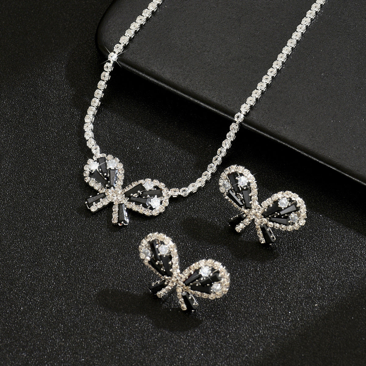 Women Black Butterfly Cubic Zirconia 2 Pcs Jewelry Set,Necklace And Earrings,Fashion Luxurious Costume Accessories For Party Occasion