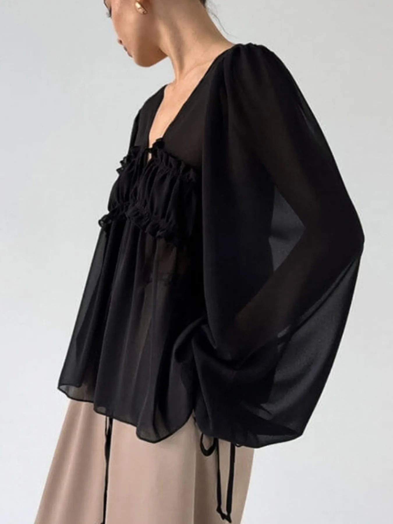 White Ruffled Tie Front Long Sleeve Sheer Blouse - Image 11
