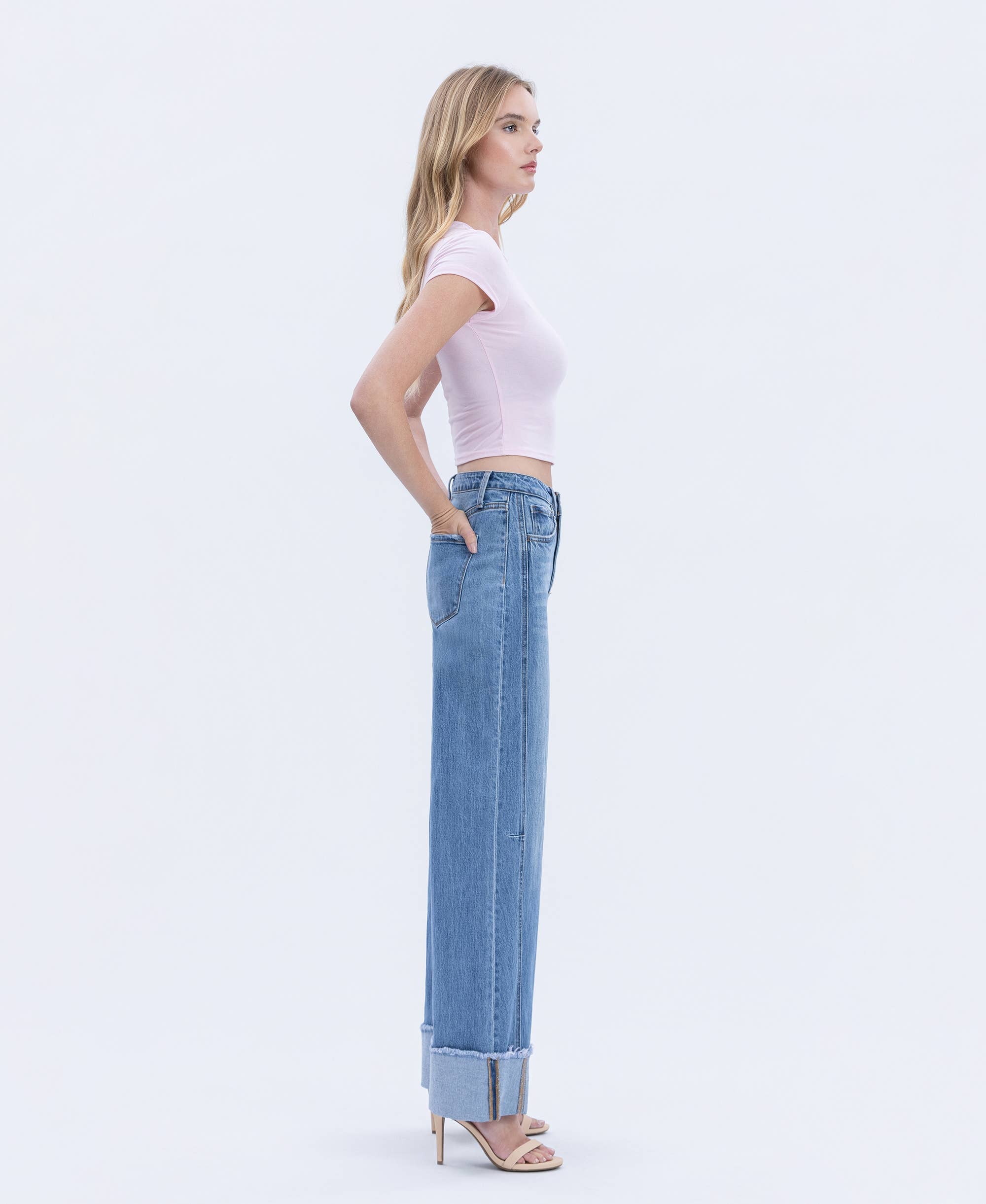Mia High Rise Cuffed Wide Leg Jeans in Medium Wash Blue Denim