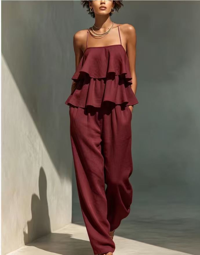 Women's Ruffled Camisole and Casual Wide Leg Pants Set