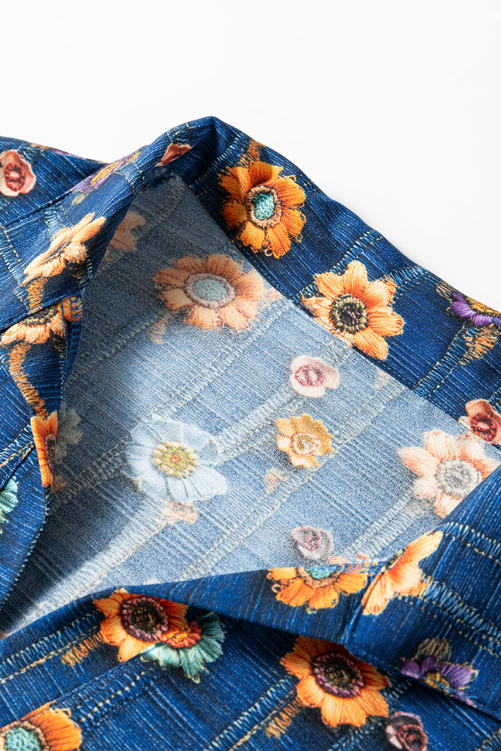 Floral Patchwork Long Sleeve Collared V-Neck Blouse