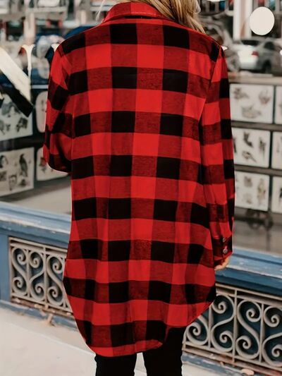 Deep Red Plaid Collared Snap-Down Jacket with Pockets