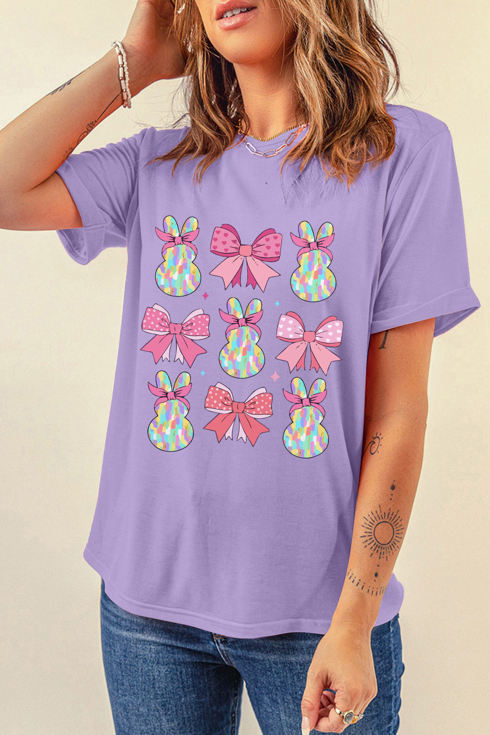 Wisteria Dotty Bowknot Bunny Graphic Easter T-Shirt