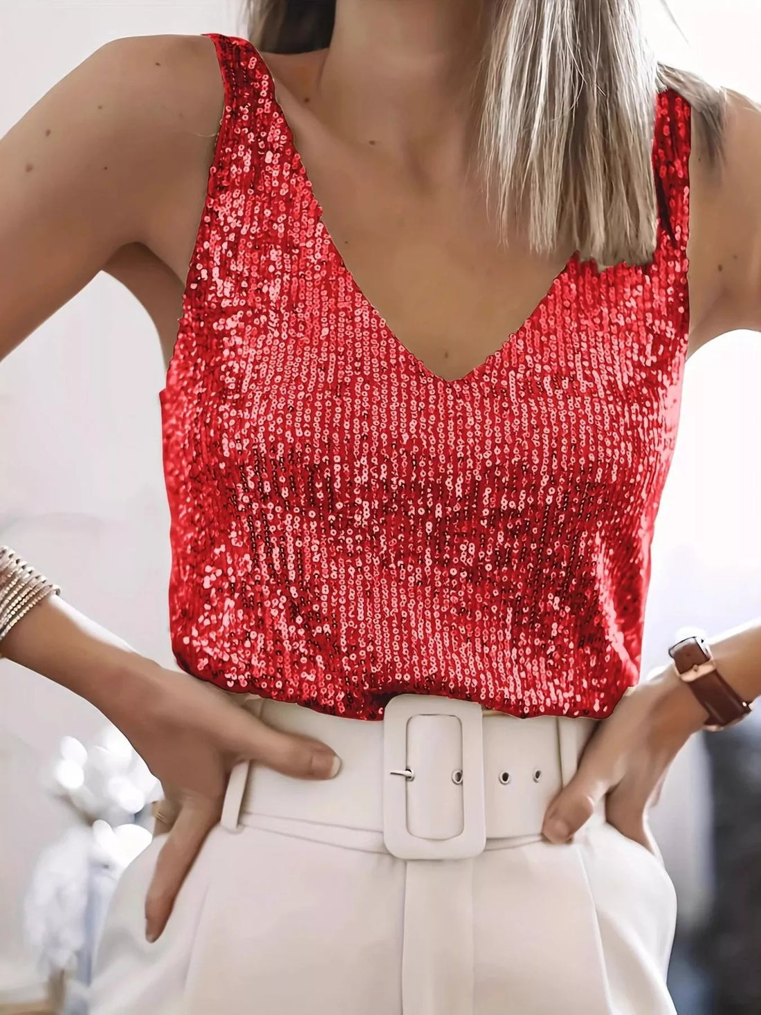 Women's Sequin V-Neck Tank Top Sleeveless Party Camisole