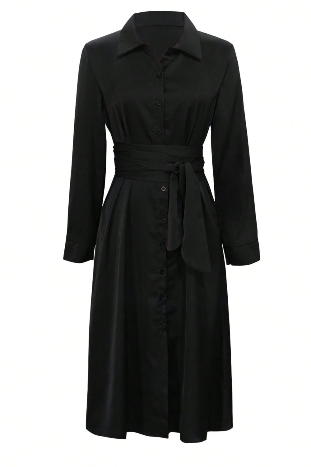 Black Long Sleeve Midi Shirt Dress with Tied Waist