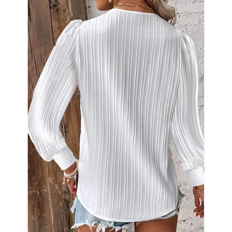 Women White Lace Trim V-Neck Blouse Long Puff Sleeve Shirt - Image 2