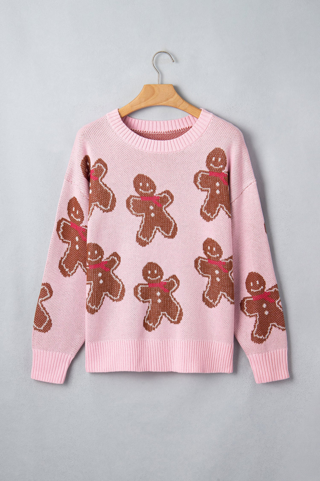 Christmas Gingerbread Ribbed Trim Round Neck Sweater