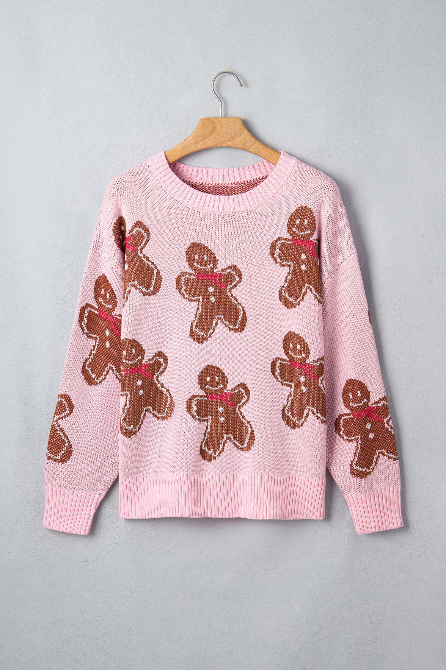 Christmas Gingerbread Ribbed Trim Round Neck Sweater