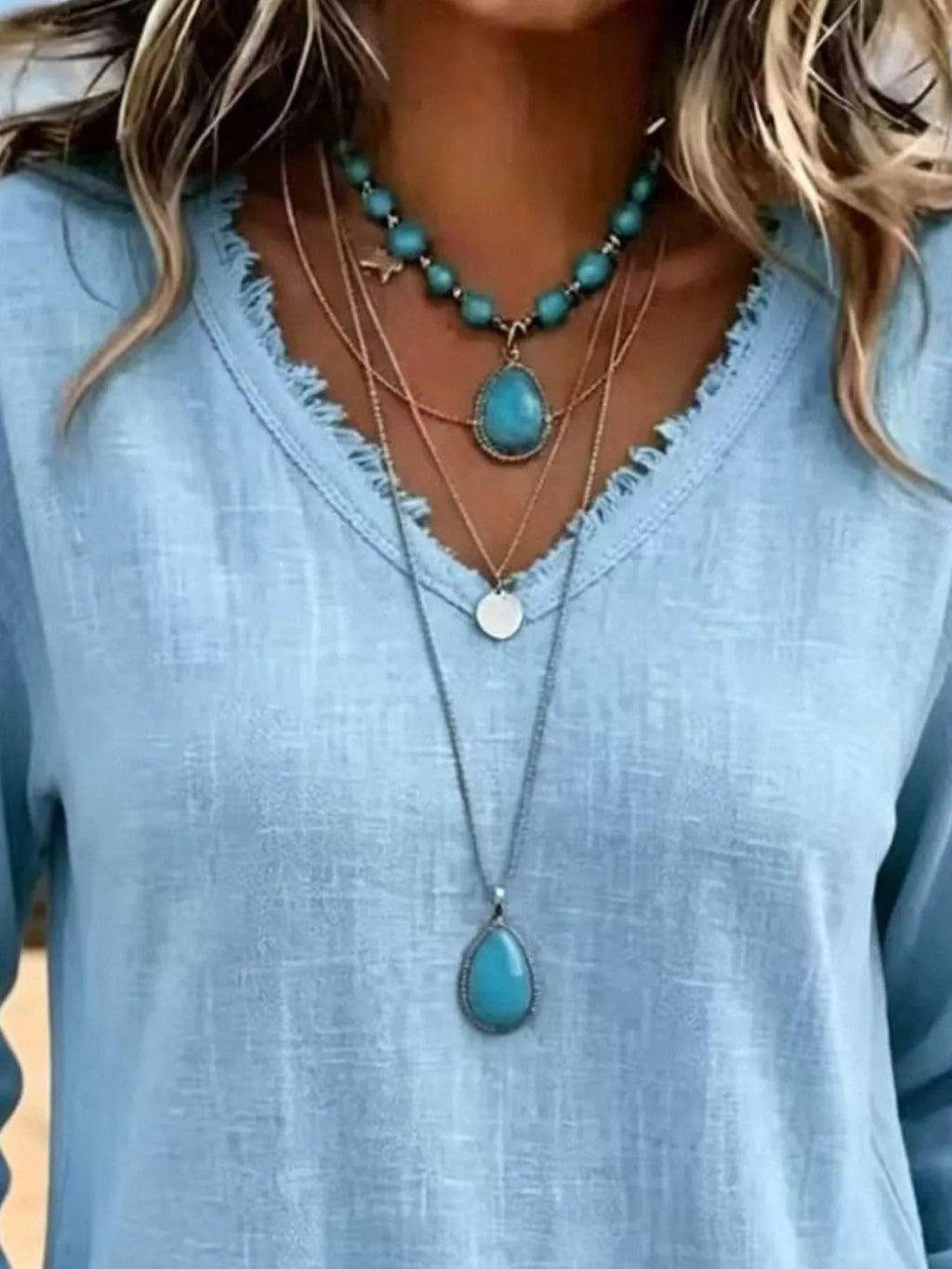 V-Neck Frayed Hem Long Sleeve T-Shirt