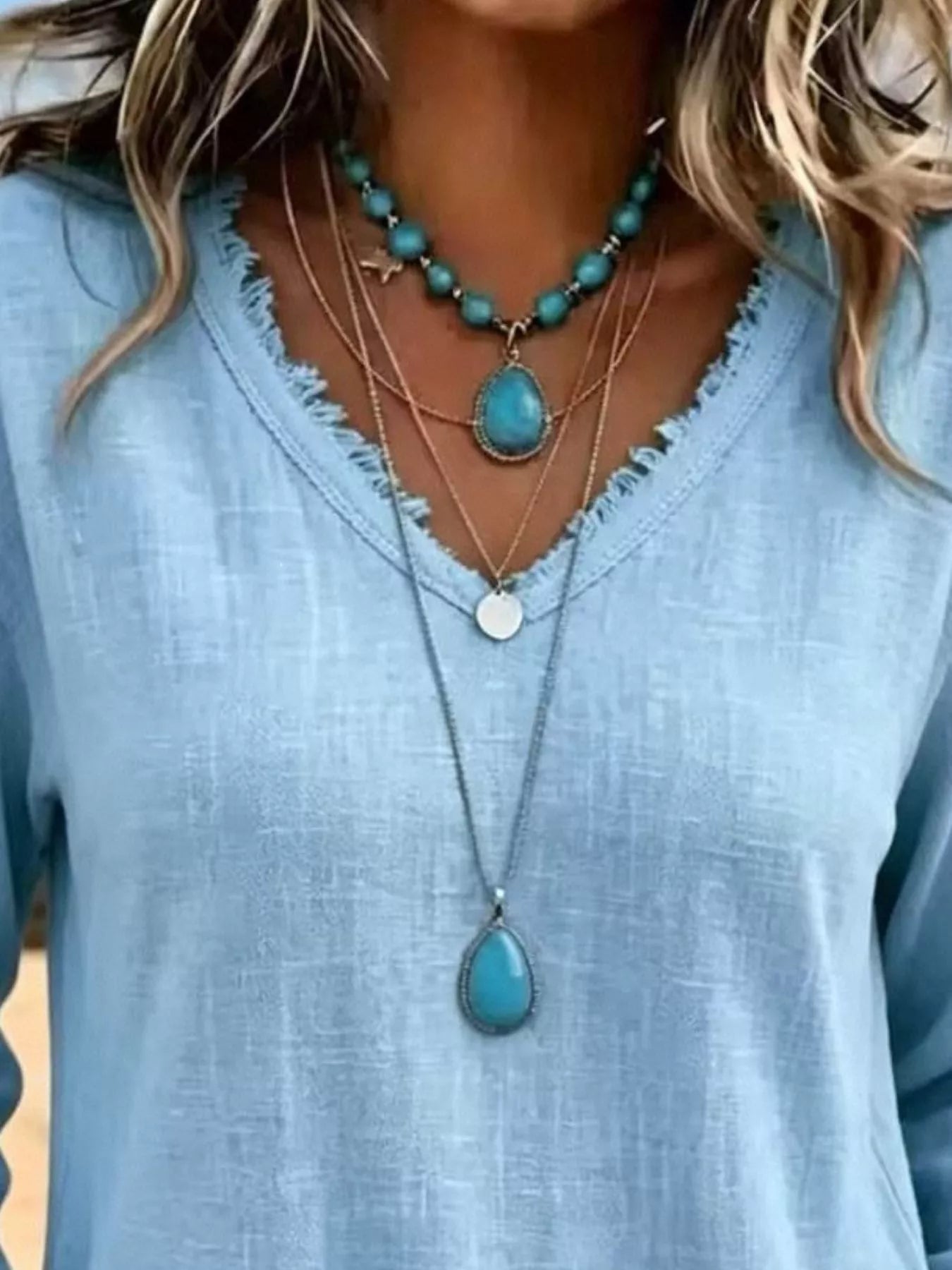 V-Neck Frayed Hem Long Sleeve T-Shirt