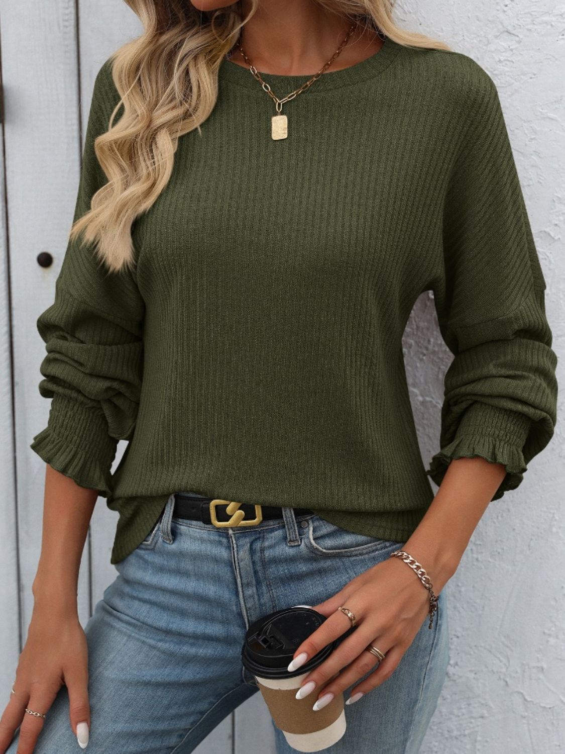 Mandy Ribbed Round Neck Long Sleeve T-Shirt in Mocha - Image 17