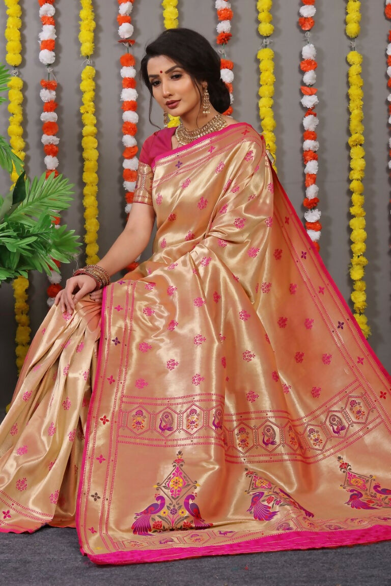 Rani Pink Paithani Silk Saree with Zari Woven Border and Blouse