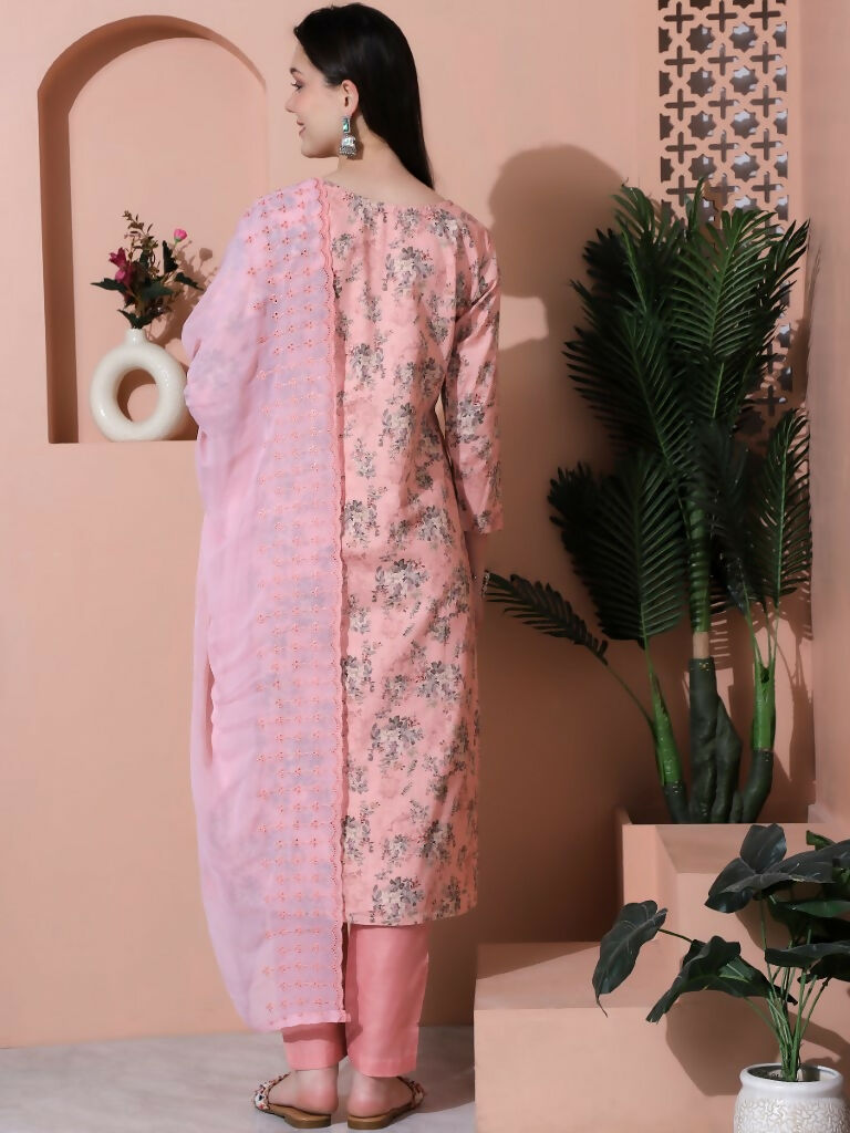 Women's Pink Cotton Floral Digital Print Kurta Trouser & Dupatta