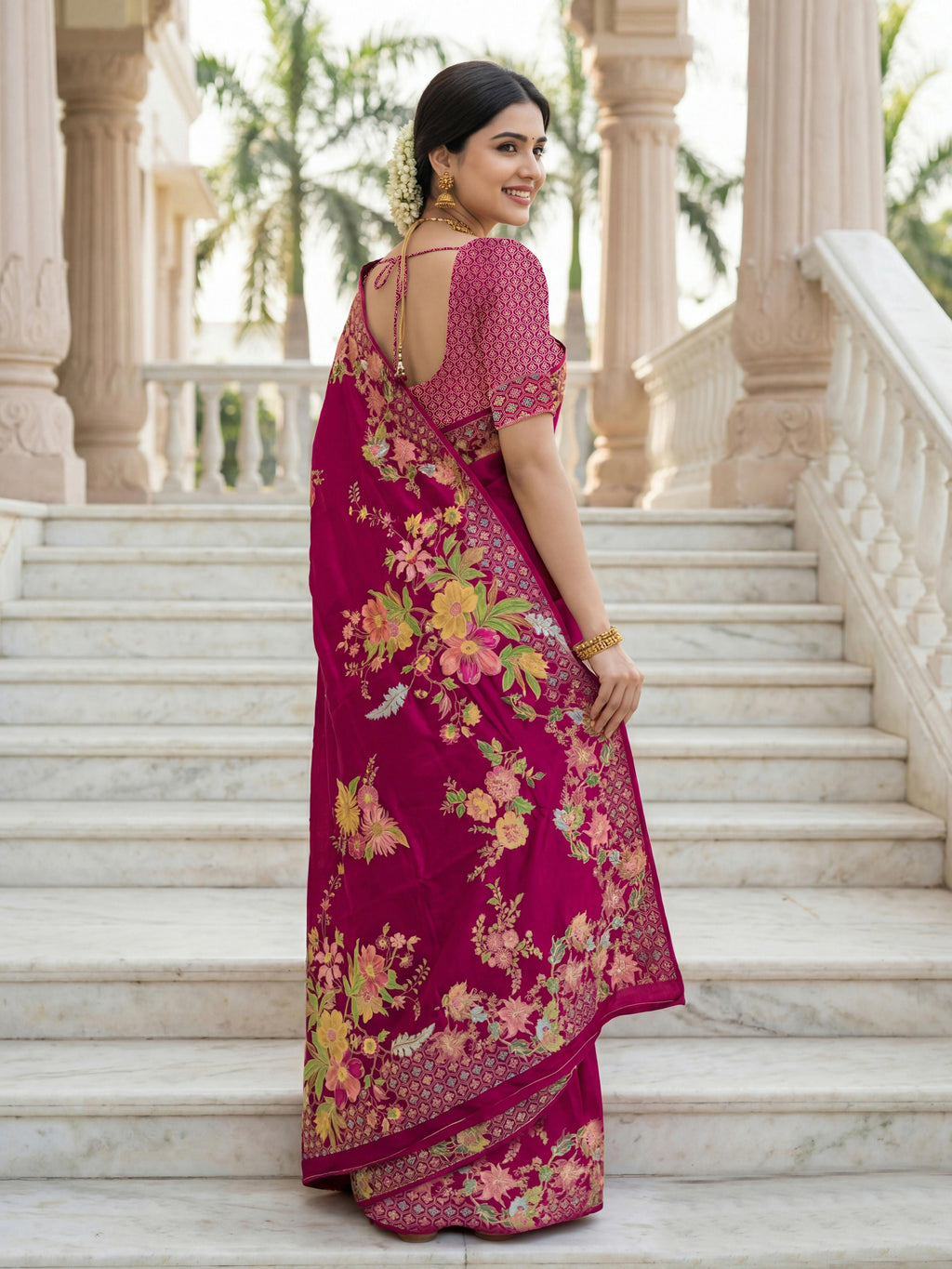 Rani Pink Russian Silk Saree with Designer Floral Position Print