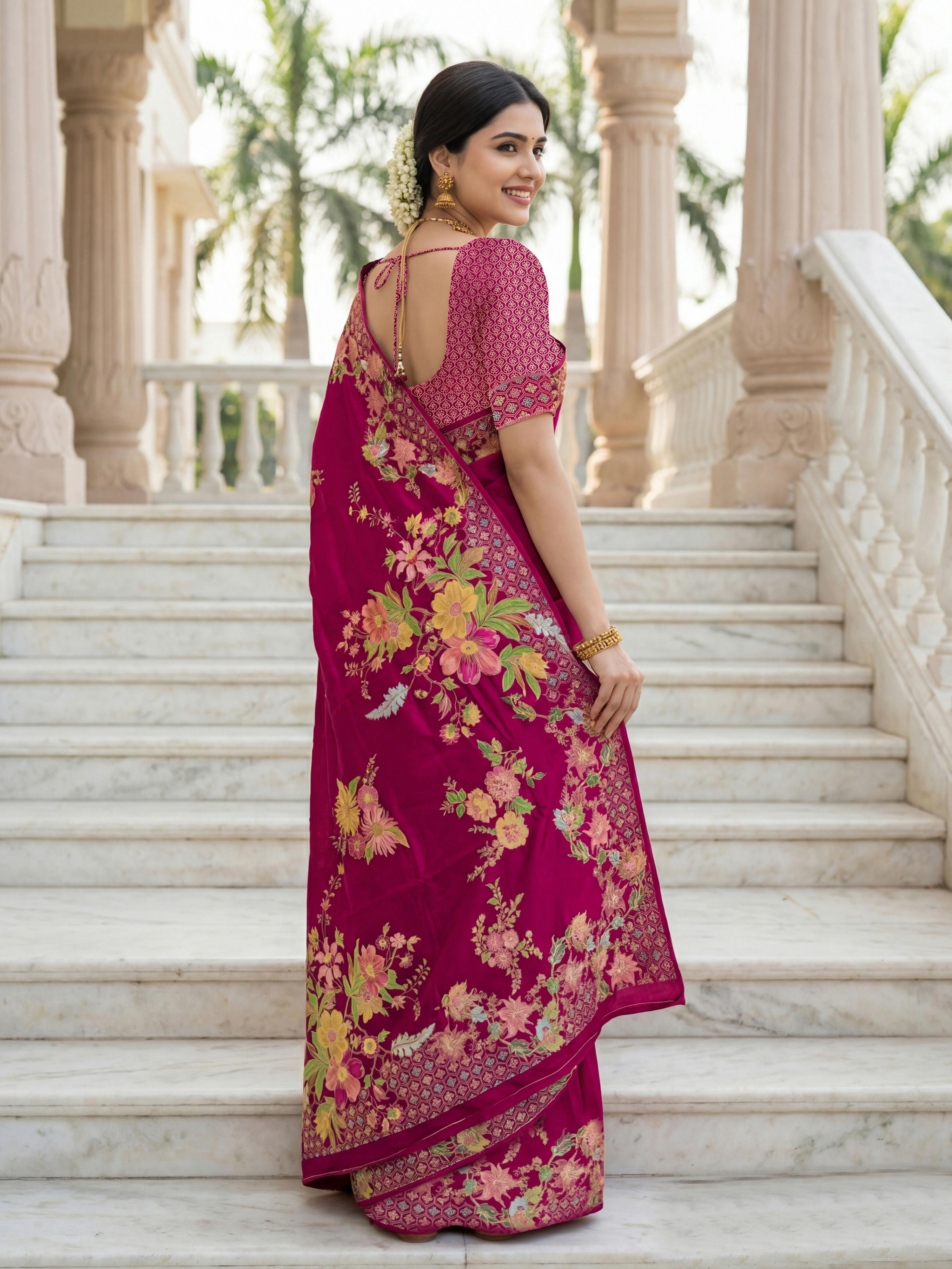 Rani Pink Russian Silk Saree with Designer Floral Position Print